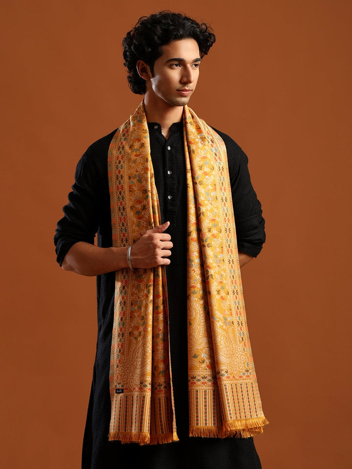 Tweedle Men’s Ethnic Kashmiri Kani Stole/ Scarf - Mustard - 28 x 80 inches