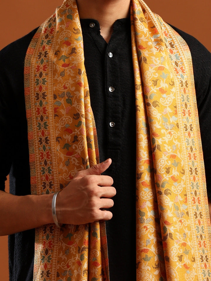 Tweedle Men’s Ethnic Kashmiri Kani Stole/ Scarf - Mustard - 28 x 80 inches