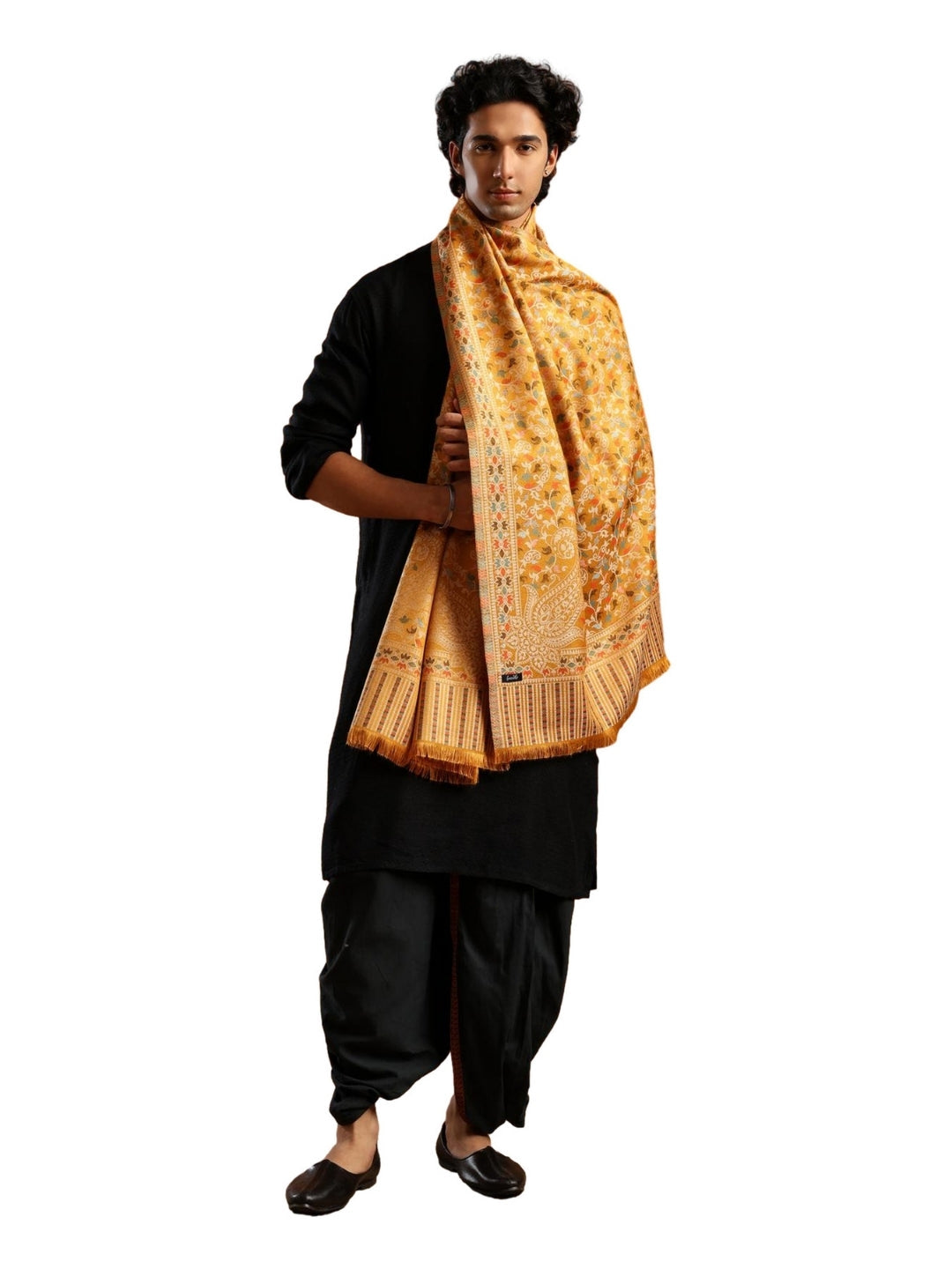 Tweedle Men’s Ethnic Kashmiri Kani Stole/ Scarf - Mustard - 28 x 80 inches