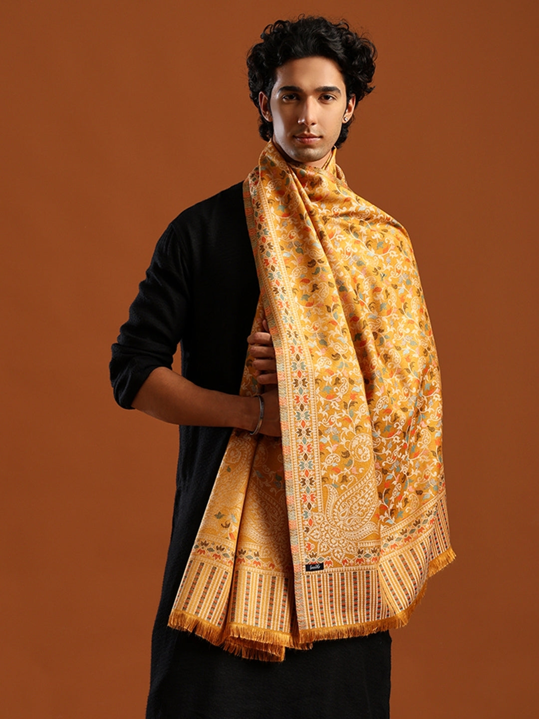 Tweedle Men’s Ethnic Kashmiri Kani Stole/ Scarf - Mustard - 28 x 80 inches