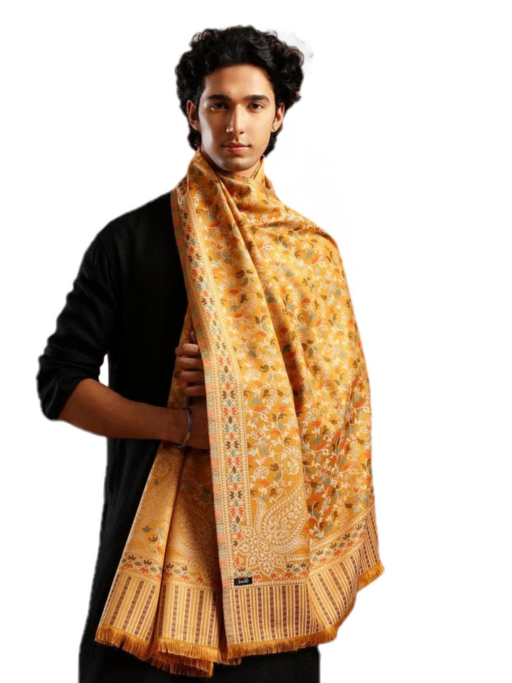 Tweedle Men’s Ethnic Kashmiri Kani Stole/ Scarf - Mustard - 28 x 80 inches