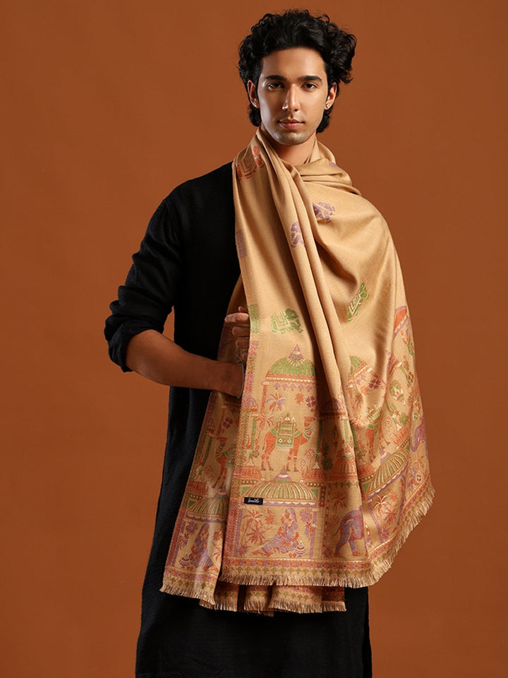 Tweedle Men’s Mahotsav Ethnic Design Zari Shawl, Faux Wool - Beige - 40 x 80 inches