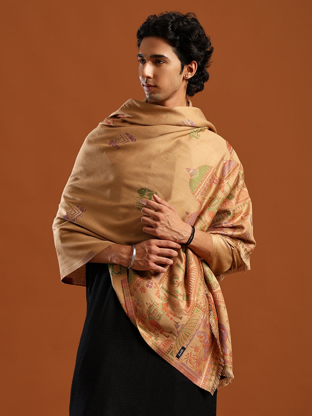 Tweedle Men’s Mahotsav Ethnic Design Zari Shawl, Faux Wool - Beige - 40 x 80 inches