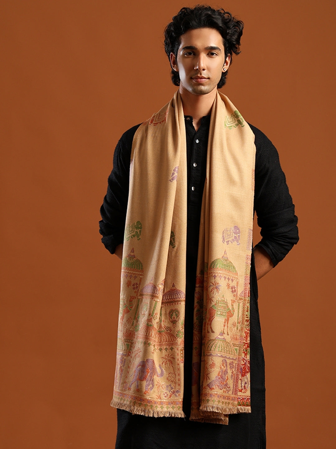 Tweedle Men’s Mahotsav Ethnic Design Zari Shawl, Faux Wool - Beige - 40 x 80 inches