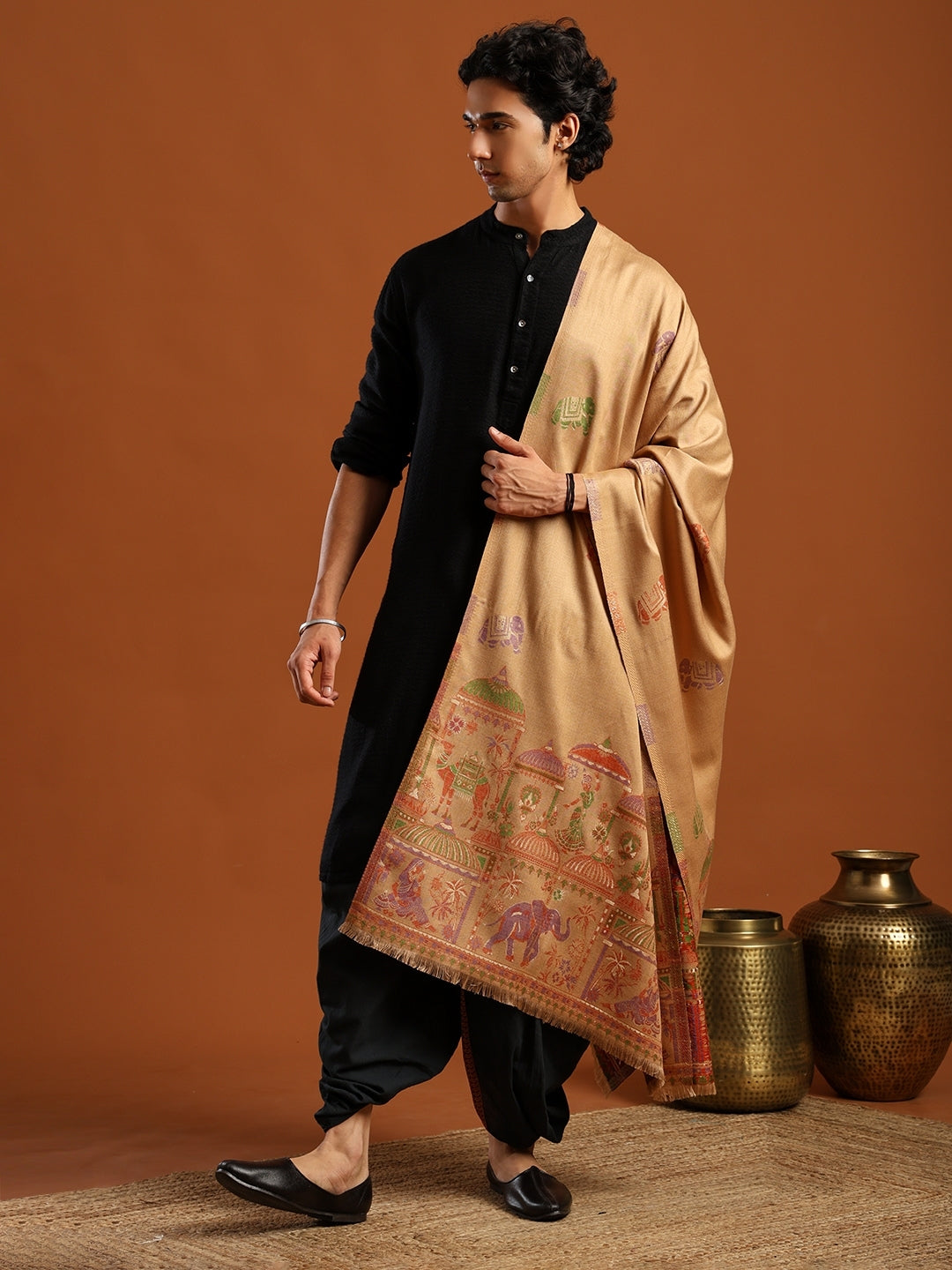 Tweedle Men’s Mahotsav Ethnic Design Zari Shawl, Faux Wool - Beige - 40 x 80 inches