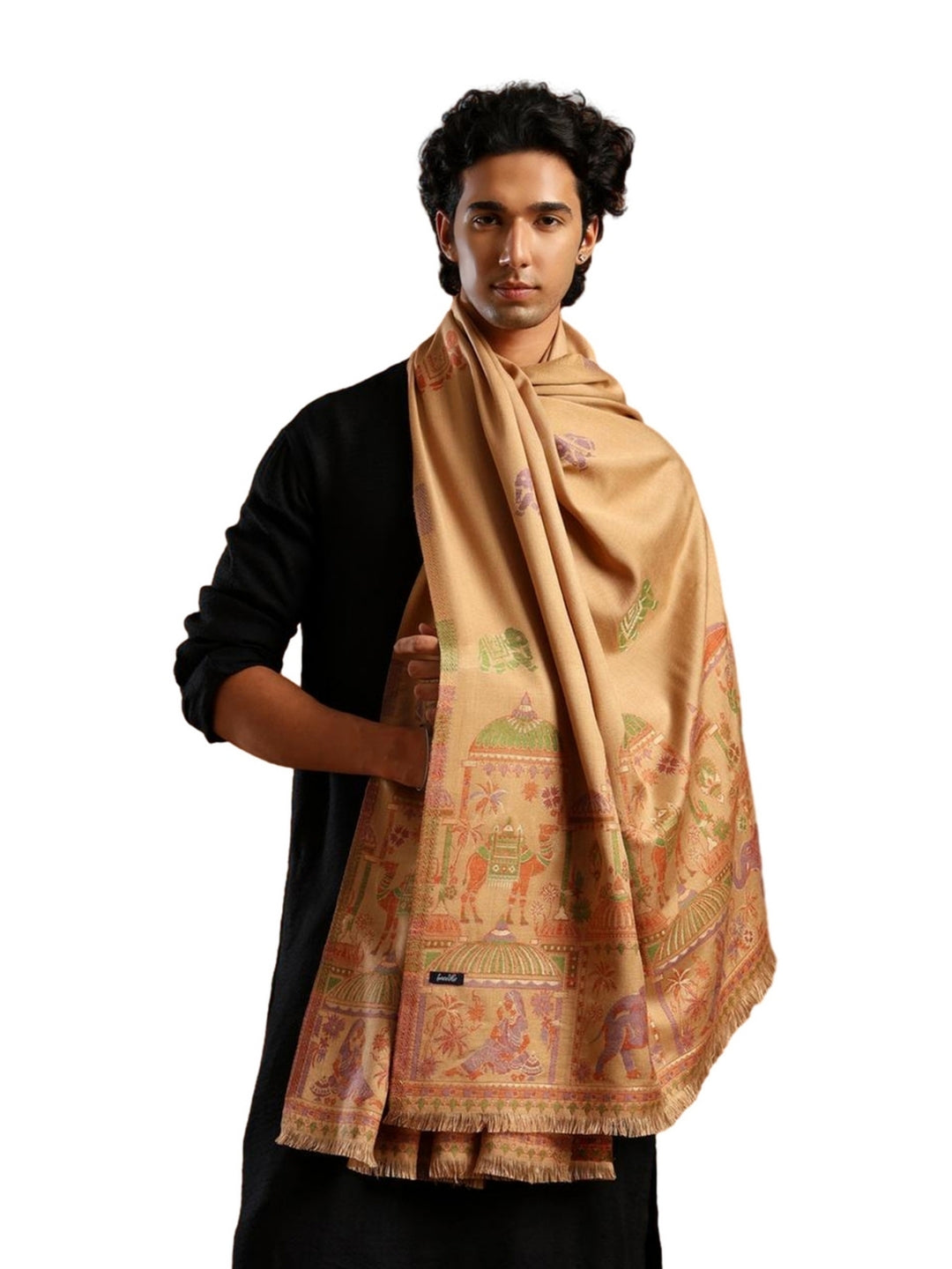 Tweedle Men’s Mahotsav Ethnic Design Zari Shawl, Faux Wool - Beige - 40 x 80 inches
