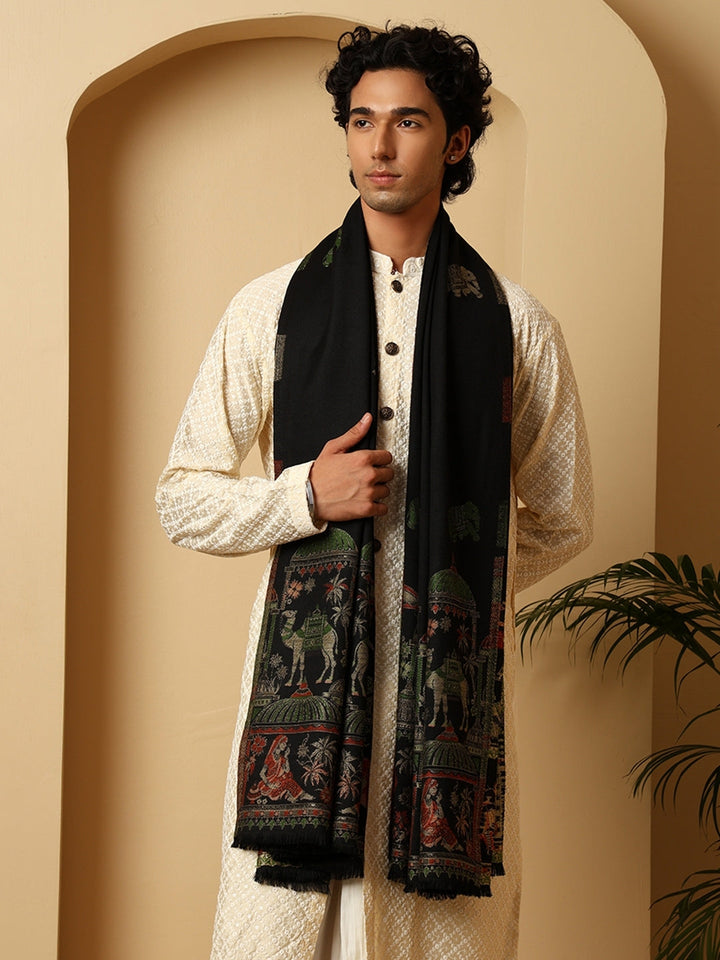 Tweedle Men’s Mahotsav Ethnic Design Zari Shawl, Faux Wool - Black - 40 x 80 inches