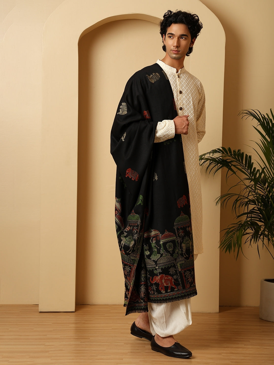 Tweedle Men’s Mahotsav Ethnic Design Zari Shawl, Faux Wool - Black - 40 x 80 inches