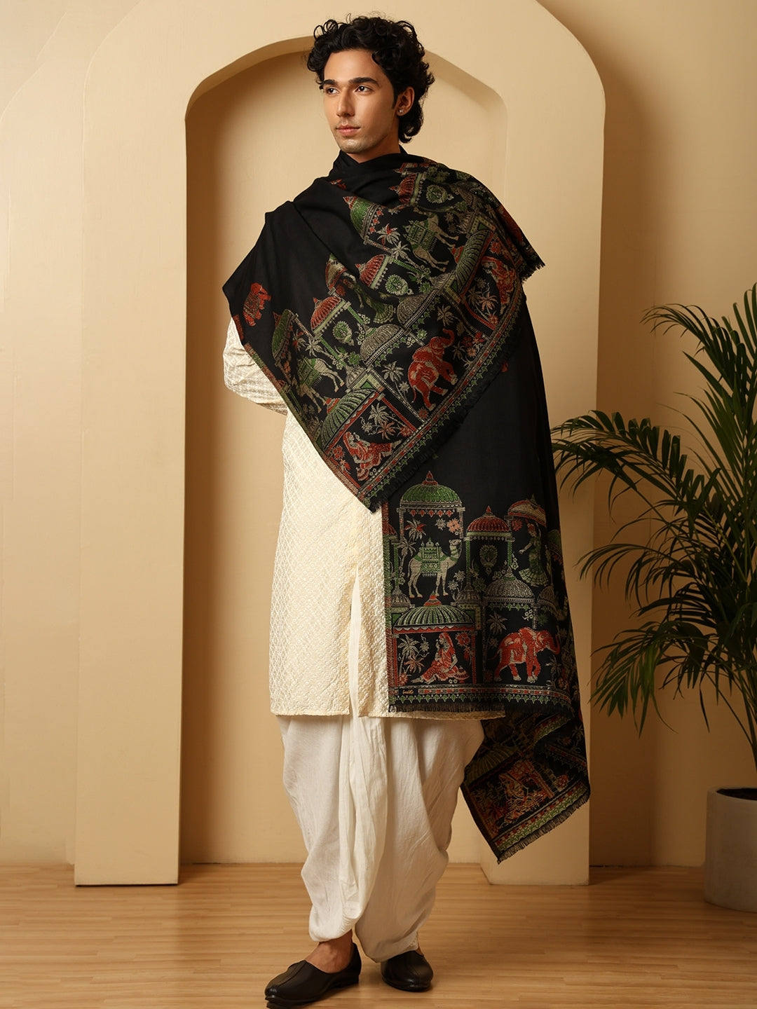 Tweedle Men’s Mahotsav Ethnic Design Zari Shawl, Faux Wool - Black - 40 x 80 inches