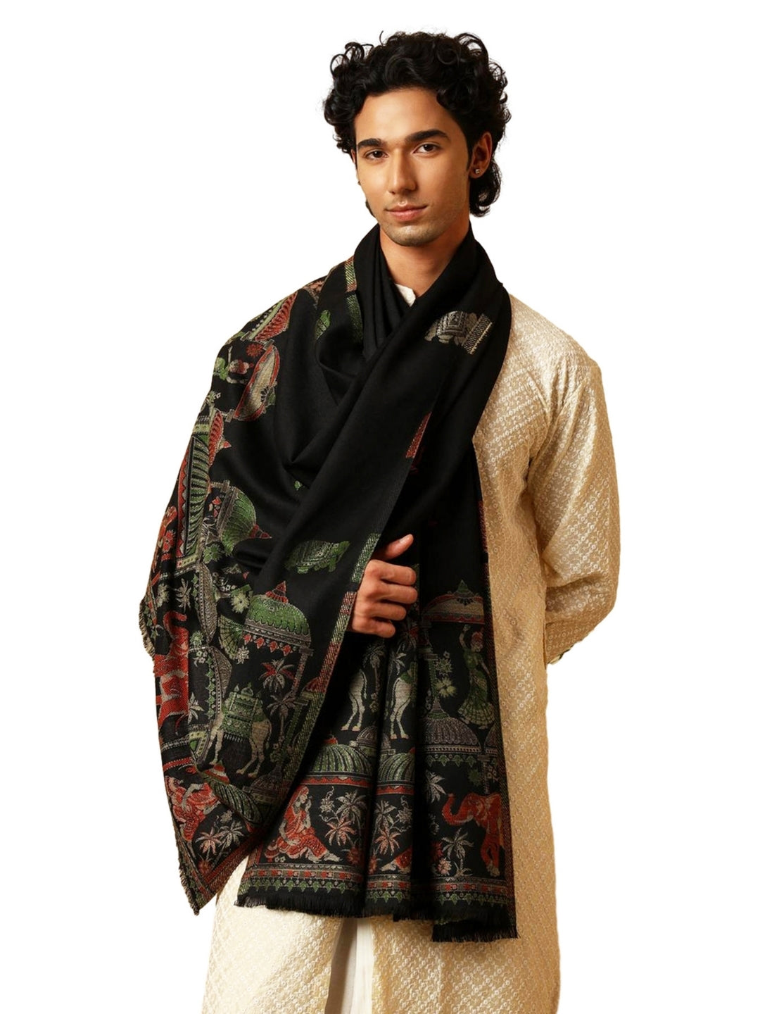 Tweedle Men’s Mahotsav Ethnic Design Zari Shawl, Faux Wool - Black - 40 x 80 inches