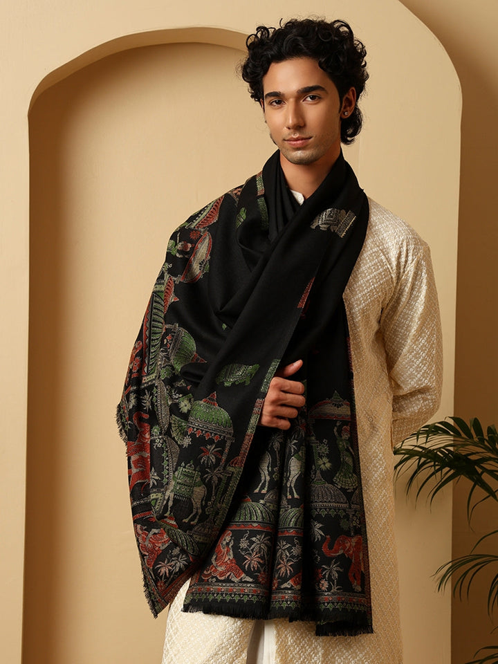 Tweedle Men’s Mahotsav Ethnic Design Zari Shawl, Faux Wool - Black - 40 x 80 inches