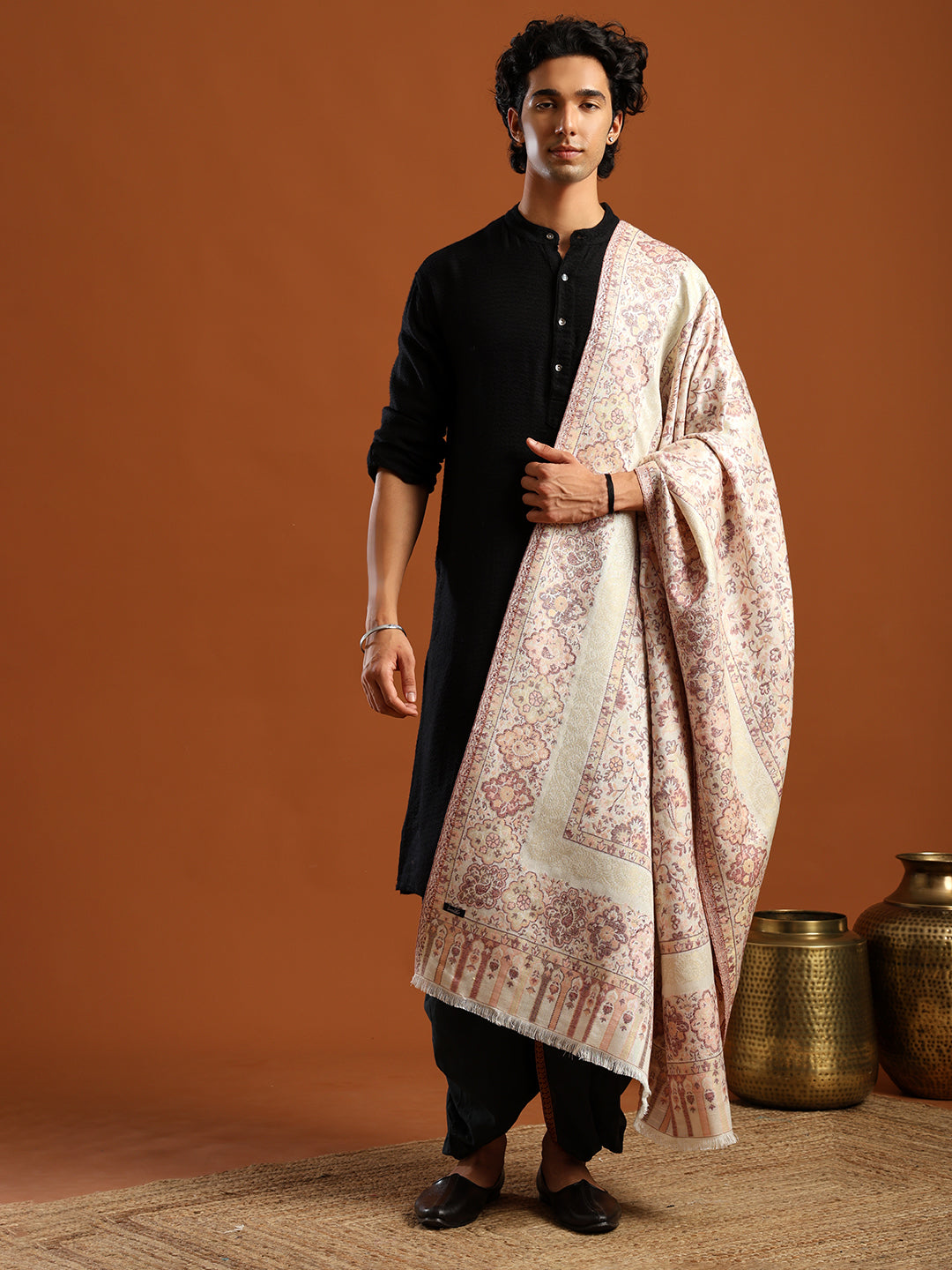 Tweedle Men’s Naira Kani and Zari Border Shawl/ Stole - Off-White, Size - 40 x 80 inches