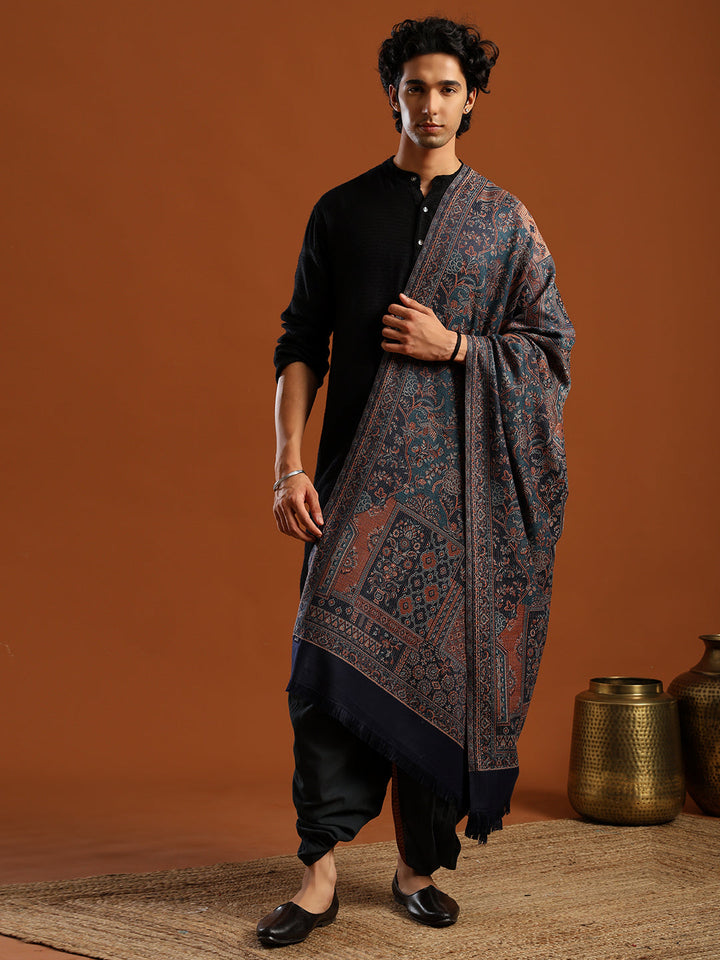 Tweedle Men’s Jamawar Shawl, Faux Pashmina, Reversible Design, Blue– Size 40 x 80 inches