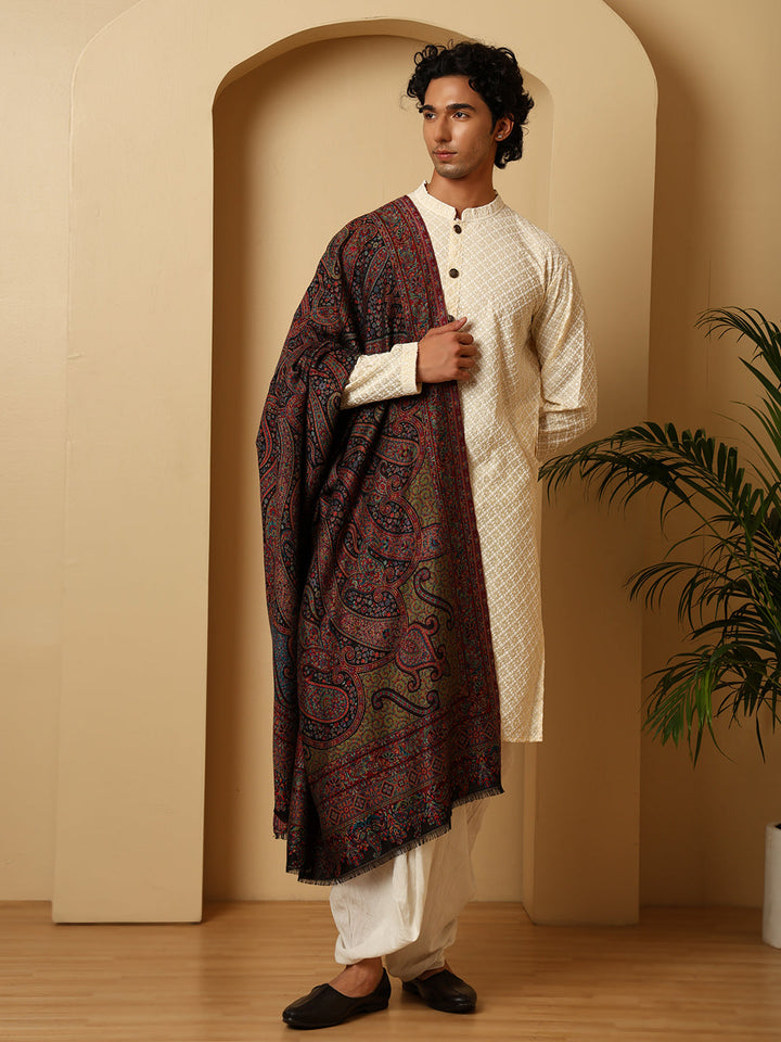 Tweedle Men’s Ruhani Kashmiri Kani Shawl |Pashmina Style Stole for Winters - Black