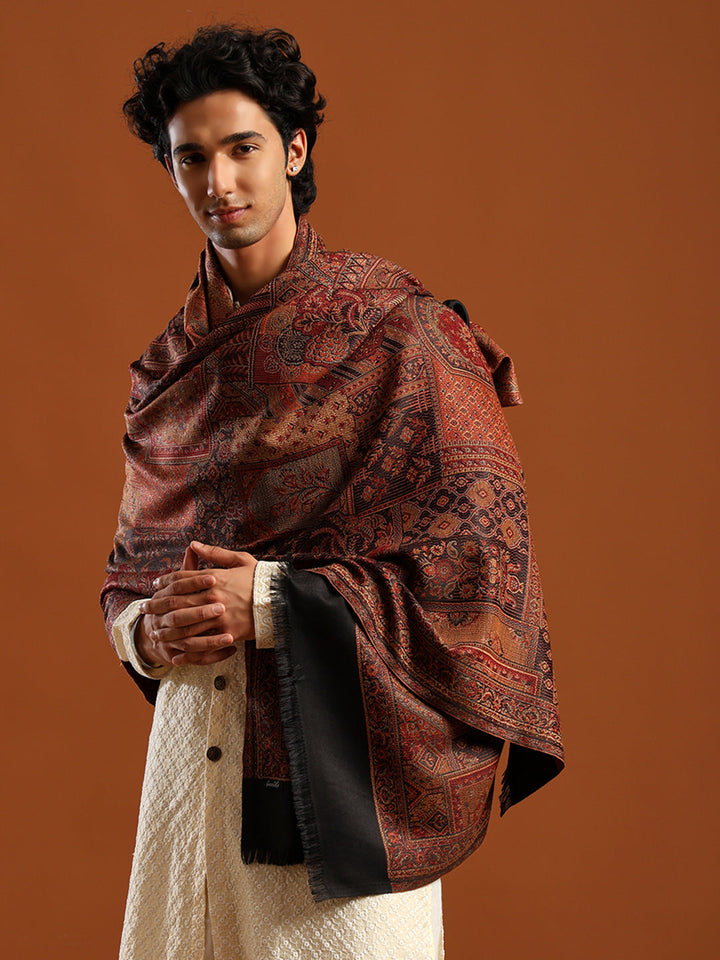 Tweedle Men’s Jamawar Shawl, Faux Pashmina, Reversible Design, Black – Size 40 x 80 inches