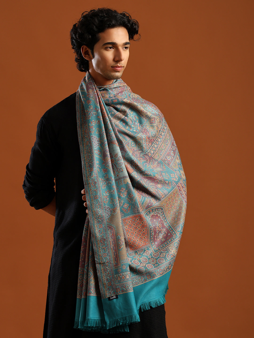 Tweedle Men’s Jamawar Shawl, Faux Pashmina, Reversible Design, Turquoise – Size 40 x 80 inches