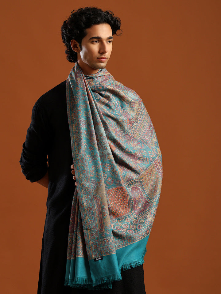 Tweedle Men’s Jamawar Shawl, Faux Pashmina, Reversible Design, Turquoise – Size 40 x 80 inches