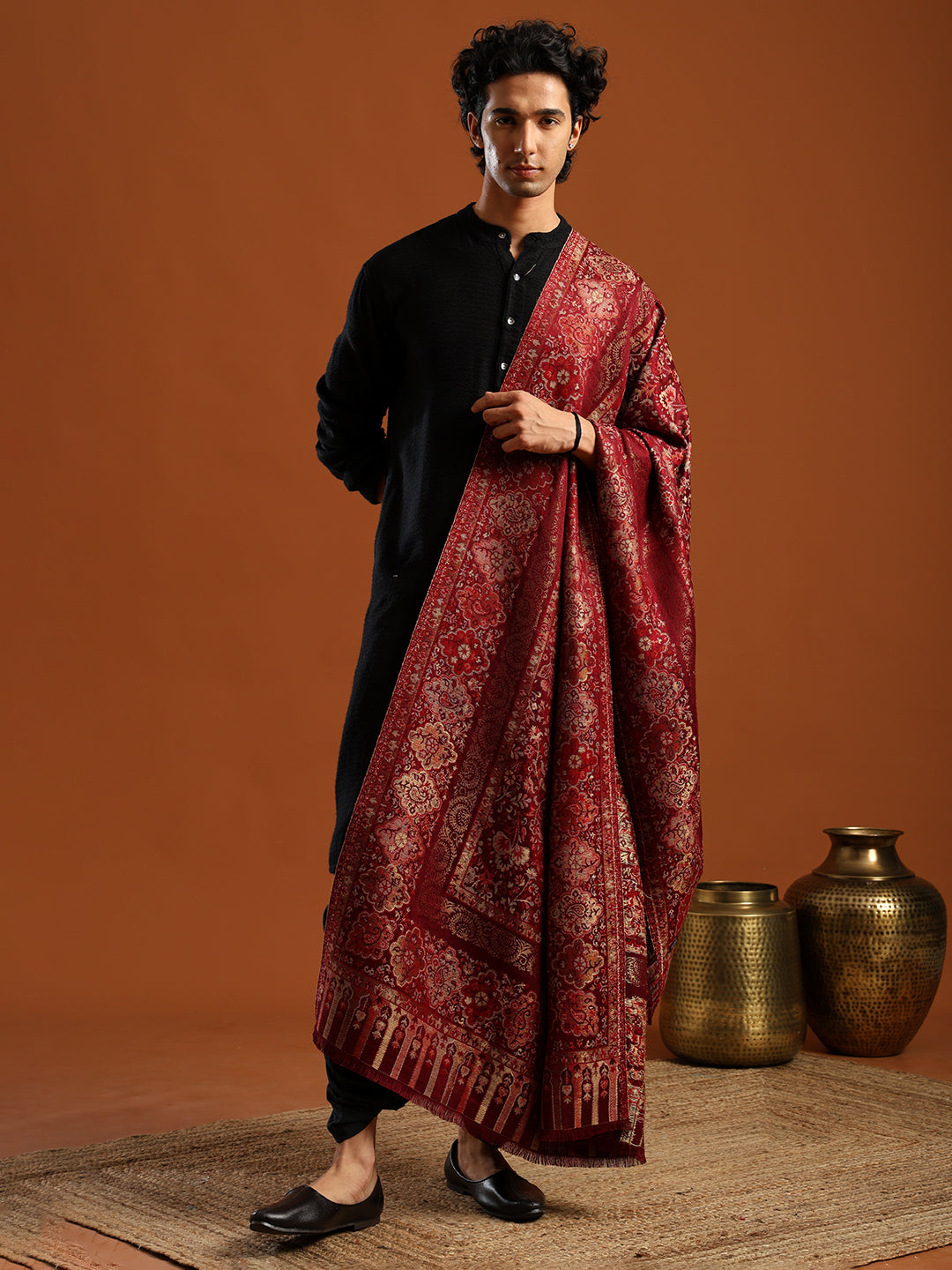 Tweedle Men’s Naira Kani and Zari Border Shawl/ Stole - maroon, Size - 40 x 80 inches