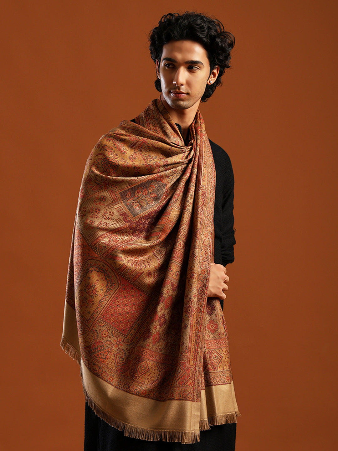 Tweedle Men’s Jamawar Shawl, Faux Pashmina, Reversible Design, Beige – Size 40 x 80 inches