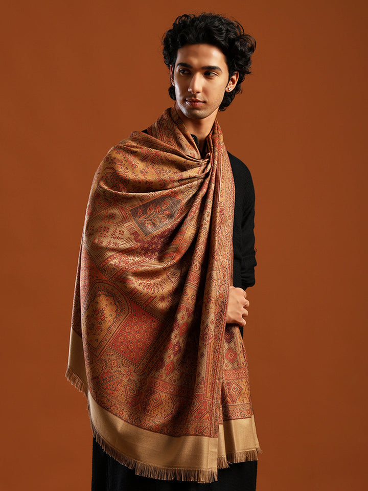 Tweedle Men’s Jamawar Shawl, Faux Pashmina, Reversible Design, Beige – Size 40 x 80 inches
