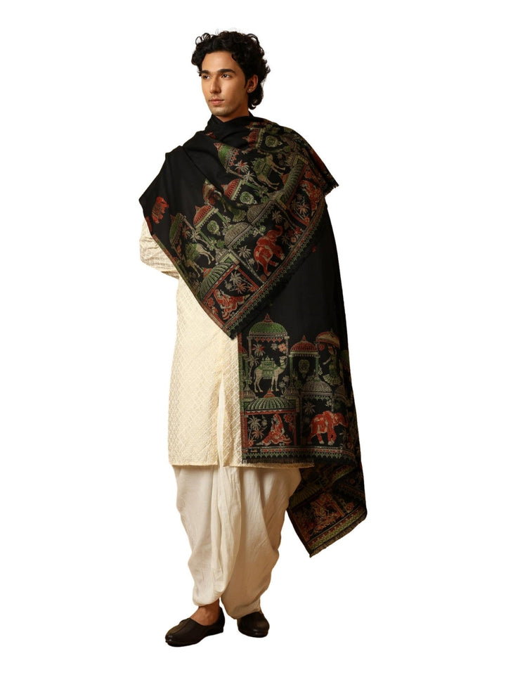 Tweedle Men’s Mahotsav Ethnic Design Zari Shawl, Faux Wool - Black - 40 x 80 inches