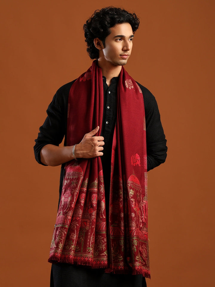 Tweedle Men’s Mahotsav Ethnic Design Zari Shawl, Faux Wool - Maroon - 40 x 80 inches