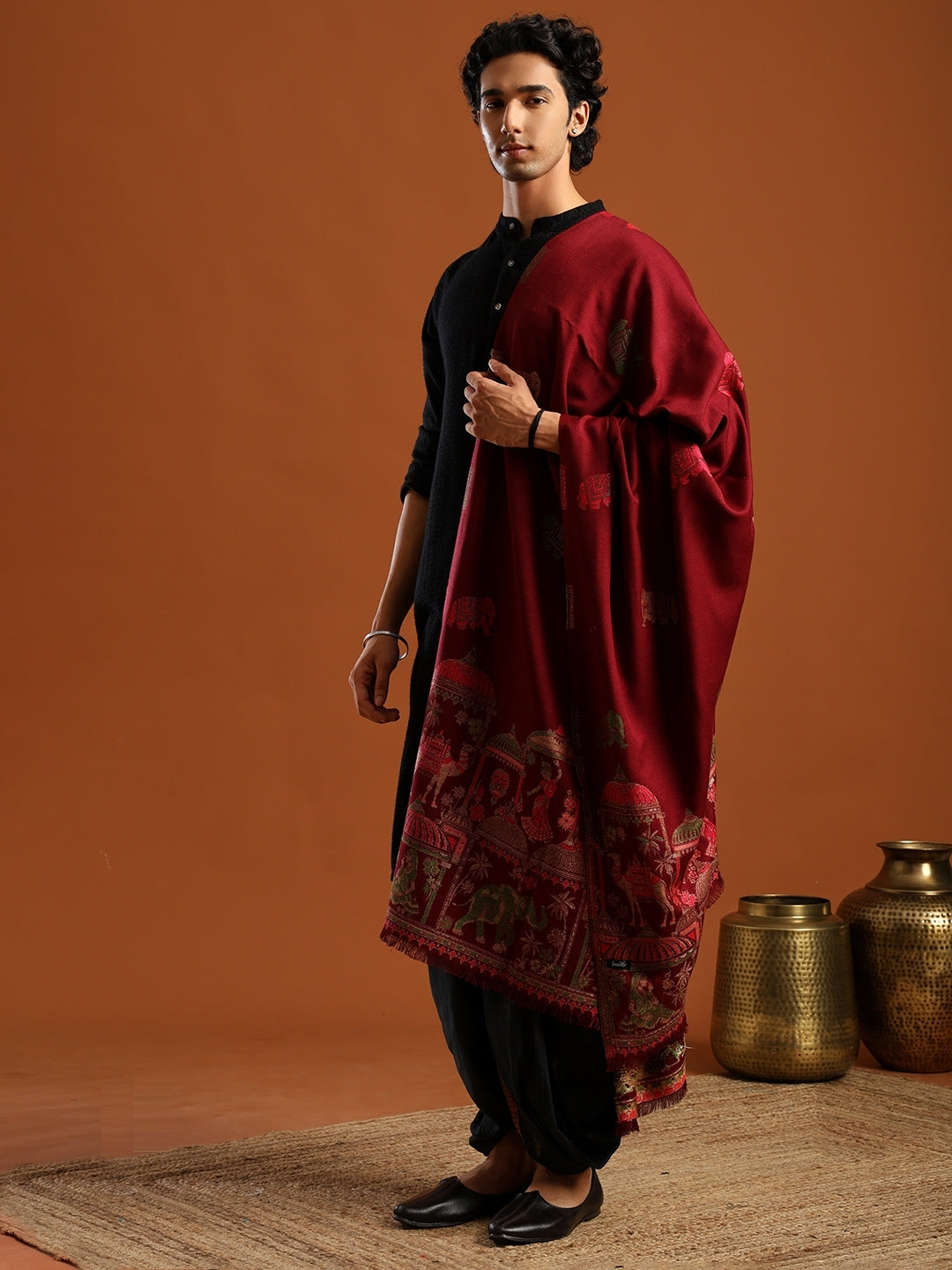 Tweedle Men’s Mahotsav Ethnic Design Zari Shawl, Faux Wool - Maroon - 40 x 80 inches