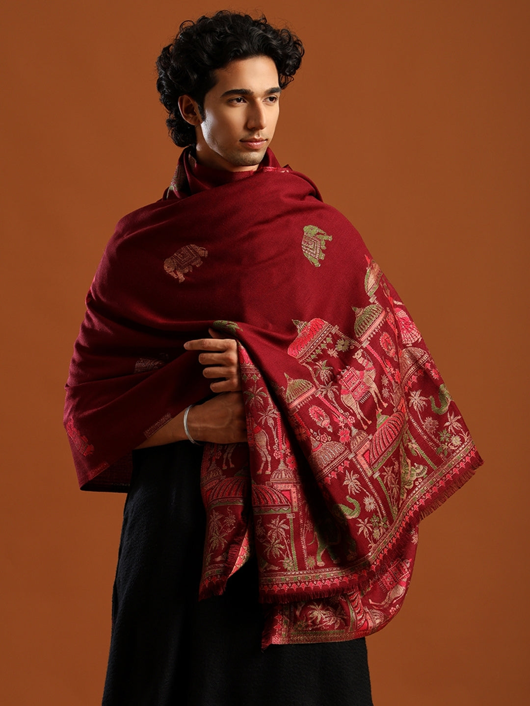 Tweedle Men’s Mahotsav Ethnic Design Zari Shawl, Faux Wool - Maroon - 40 x 80 inches