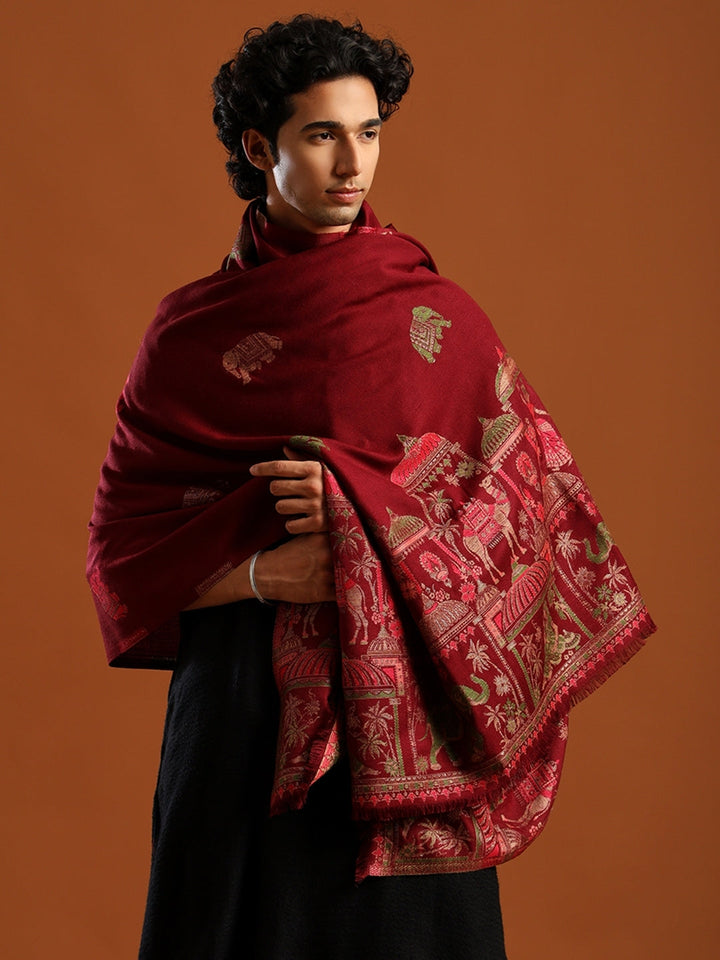 Tweedle Men’s Mahotsav Ethnic Design Zari Shawl, Faux Wool - Maroon - 40 x 80 inches