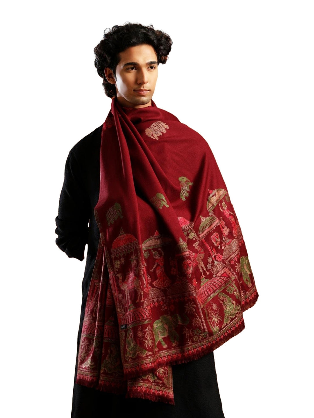 Tweedle Men’s Mahotsav Ethnic Design Zari Shawl, Faux Wool - Maroon - 40 x 80 inches