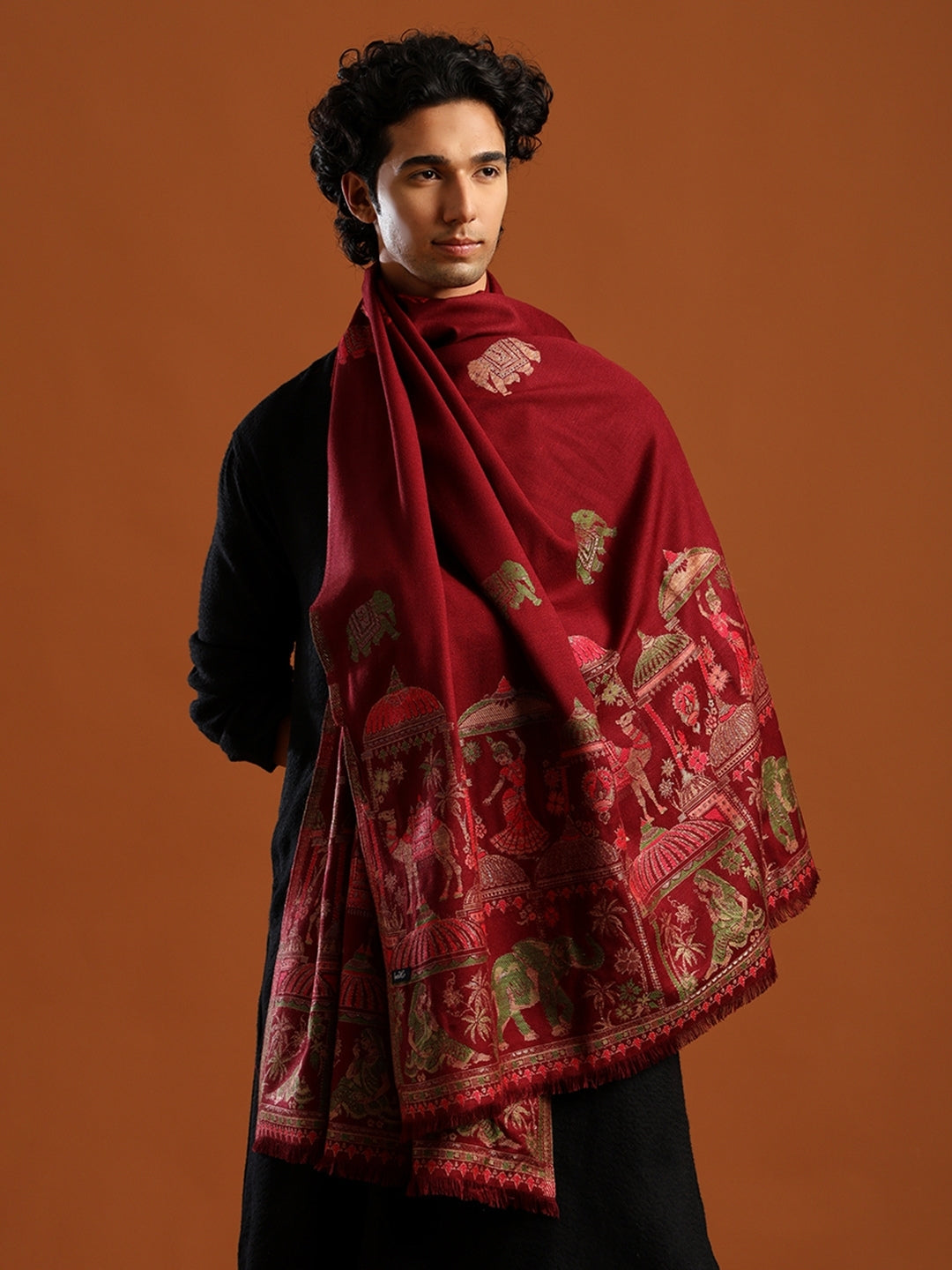 Tweedle Men’s Mahotsav Ethnic Design Zari Shawl, Faux Wool - Maroon - 40 x 80 inches