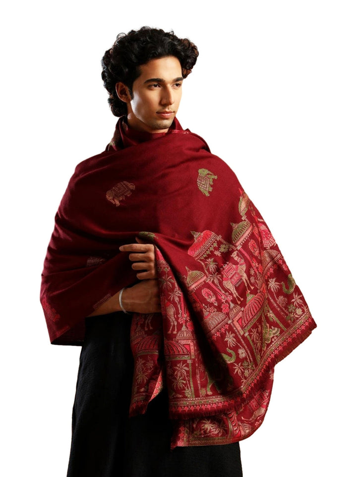 Tweedle Men’s Mahotsav Ethnic Design Zari Shawl, Faux Wool - Maroon - 40 x 80 inches