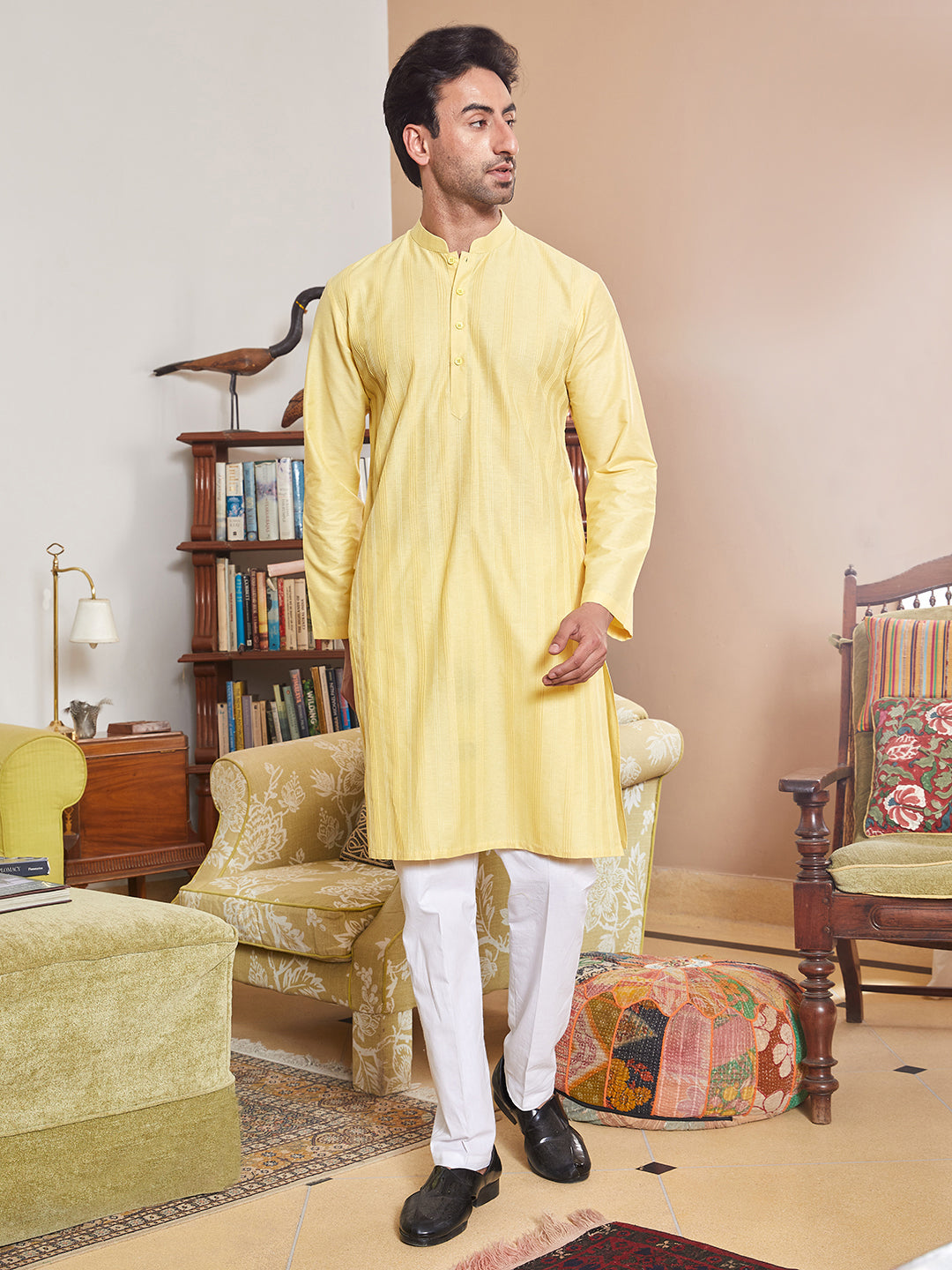 Pintuck Cotton Silk Straight Kurta with Pyjama