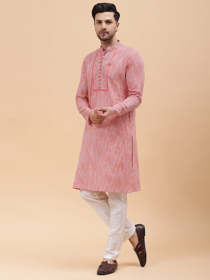 Men Pink Stripe Pure Cotton Printed Straight Kurta