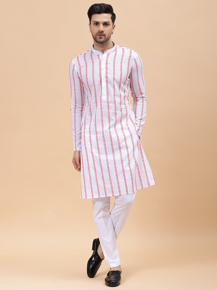 Men White & Pink Pure Cotton Embroidered Straight Kurta