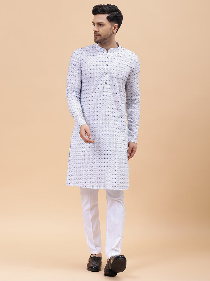 Men White & Blue Pure Cotton Embroidered Straight Kurta