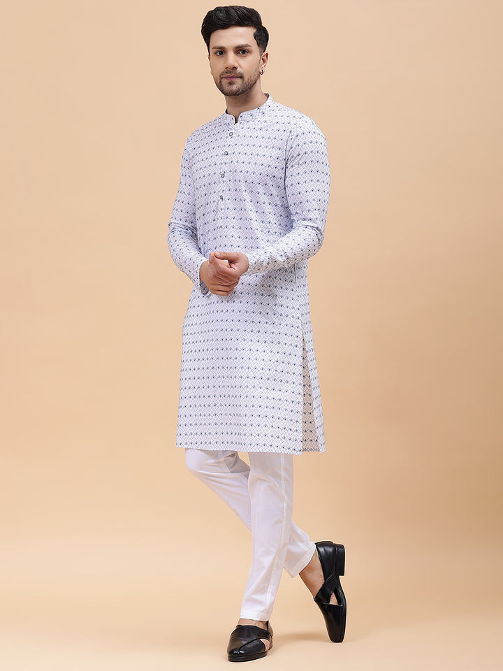 Men White & Blue Pure Cotton Embroidered Straight Kurta