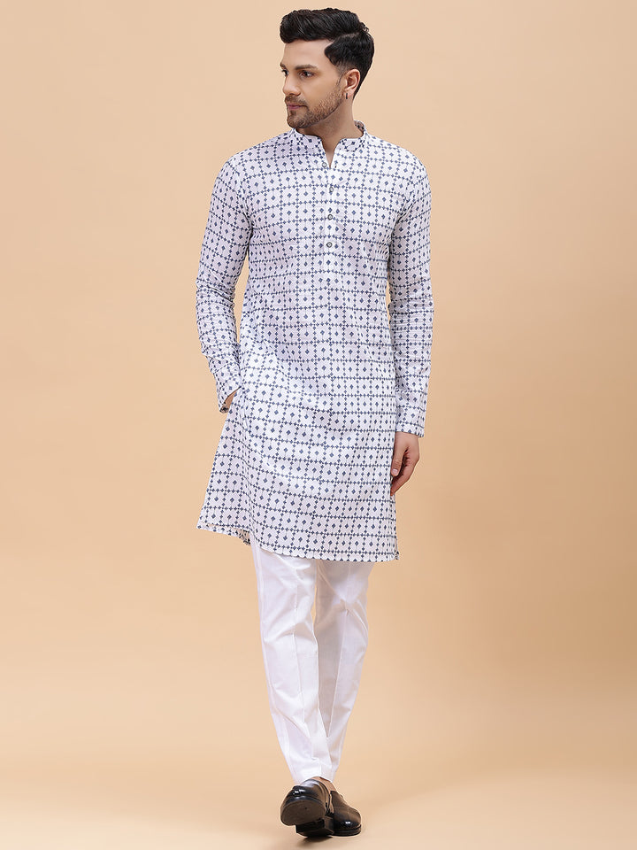Men White & Blue Pure Cotton Embroidered Straight Kurta