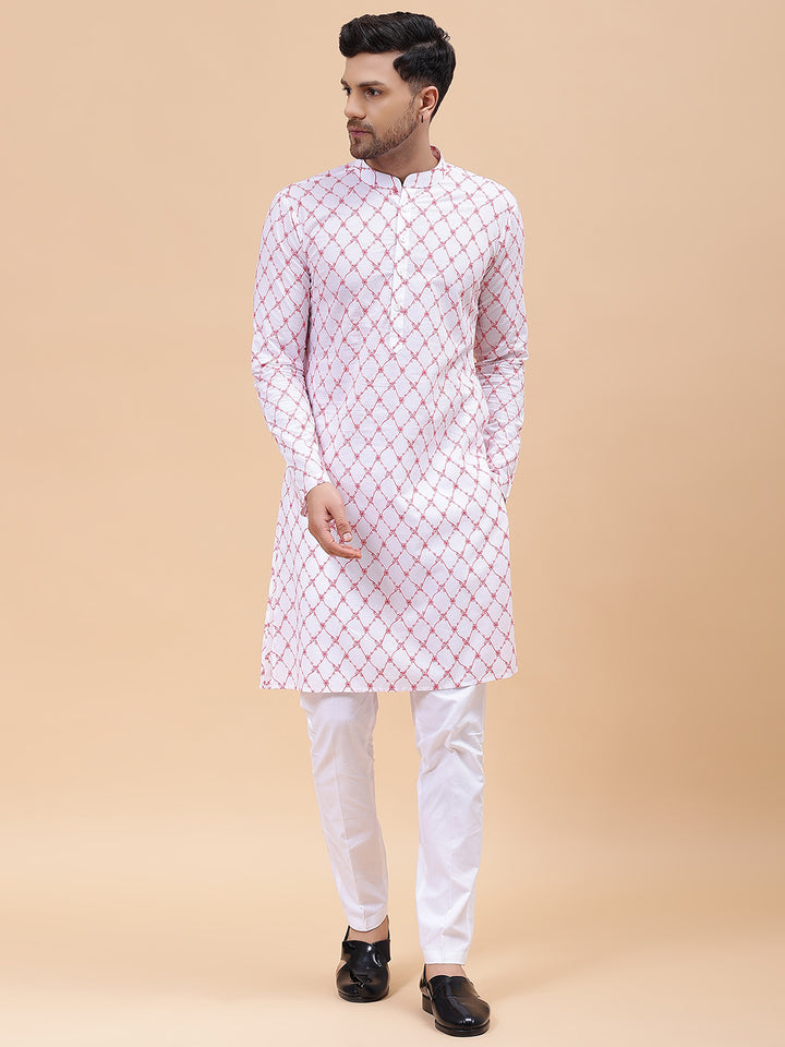 Men White & Orange Pure Cotton Embroidered Straight Kurta