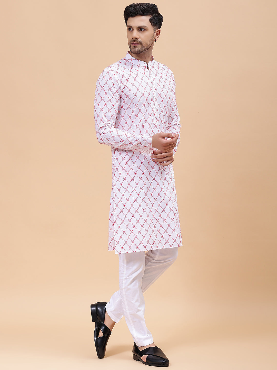 Men White & Orange Pure Cotton Embroidered Straight Kurta
