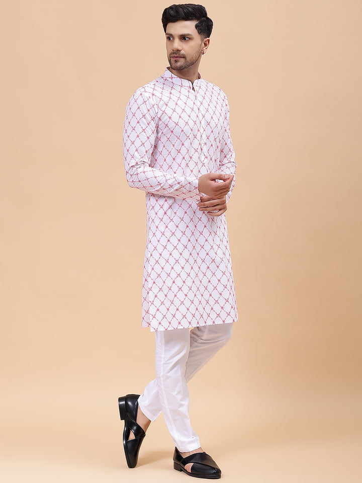 Men White & Orange Pure Cotton Embroidered Straight Kurta