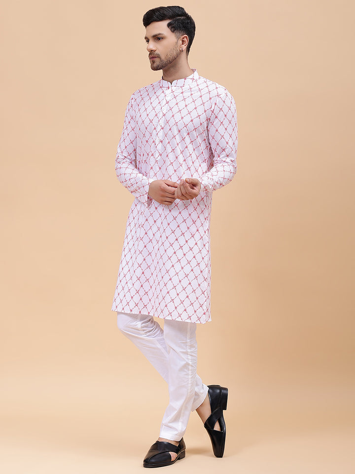 Men White & Orange Pure Cotton Embroidered Straight Kurta
