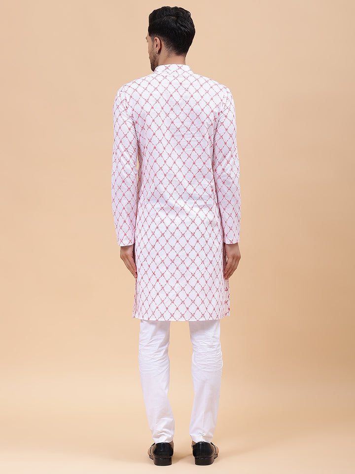 Men White & Orange Pure Cotton Embroidered Straight Kurta