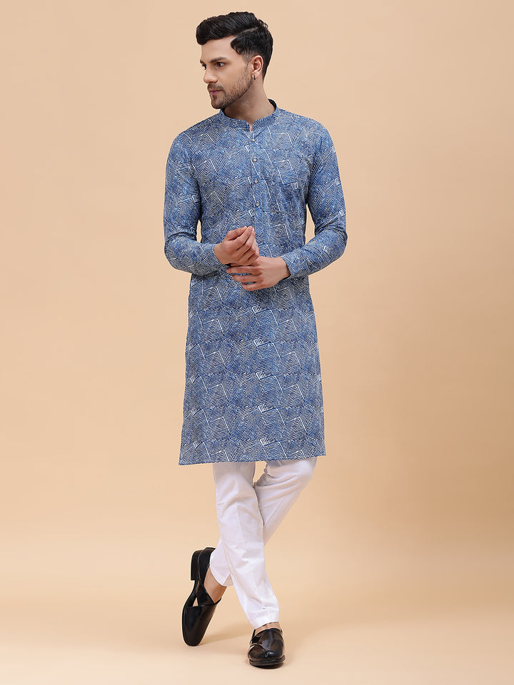 Men Blue Pure Cotton Printed Staright Kurta