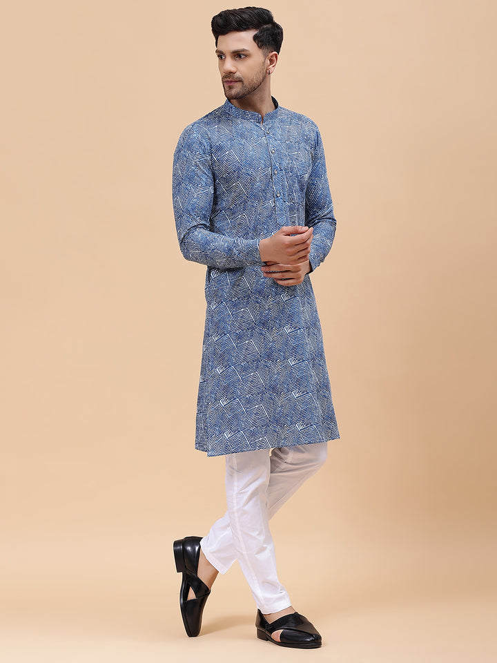 Men Blue Pure Cotton Printed Staright Kurta