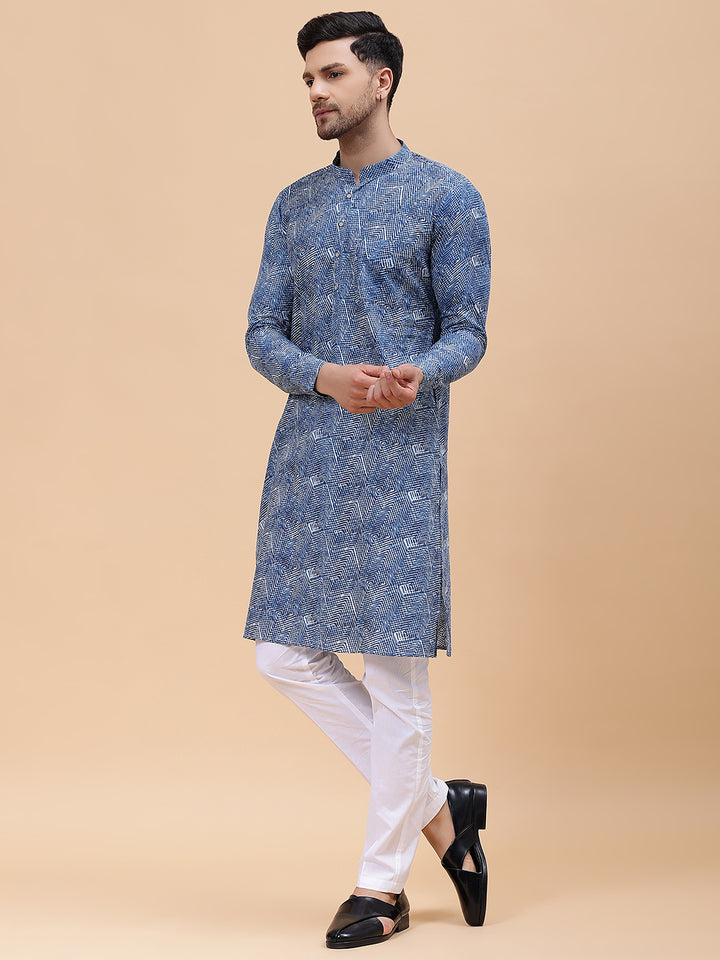 Men Blue Pure Cotton Printed Staright Kurta
