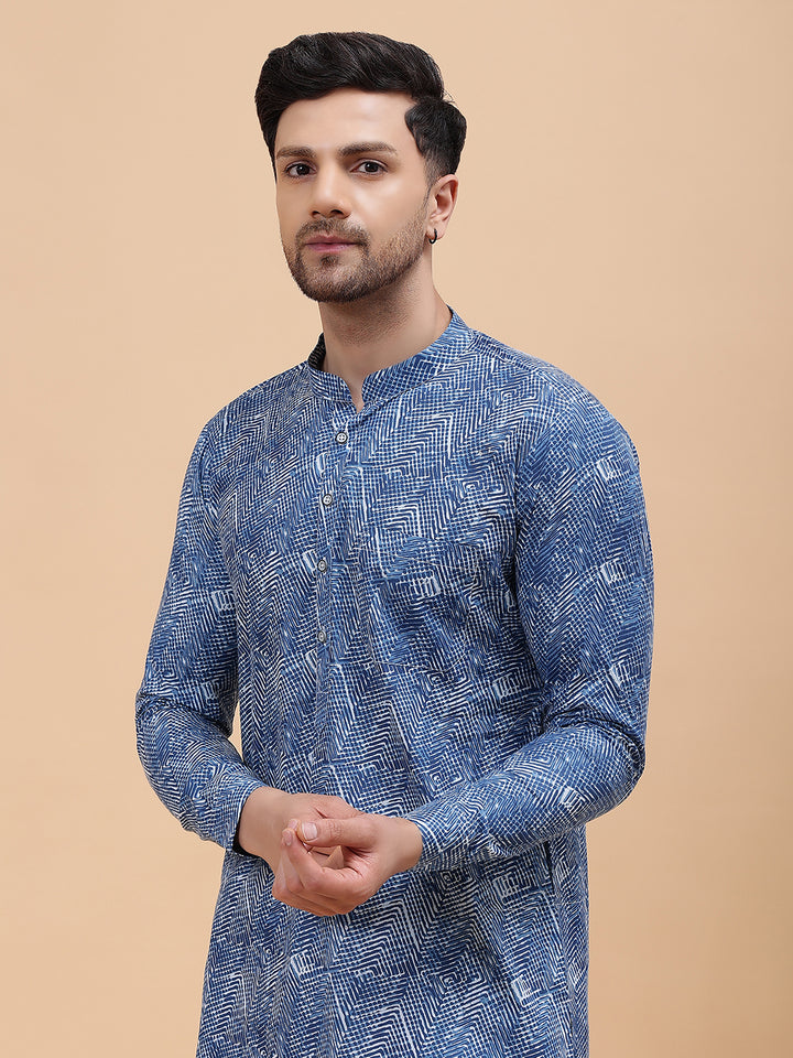 Men Blue Pure Cotton Printed Staright Kurta