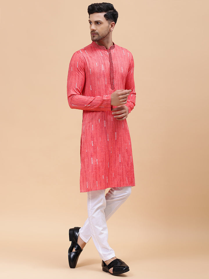 Men Pink & White Silk Woven Design Straight Kurta