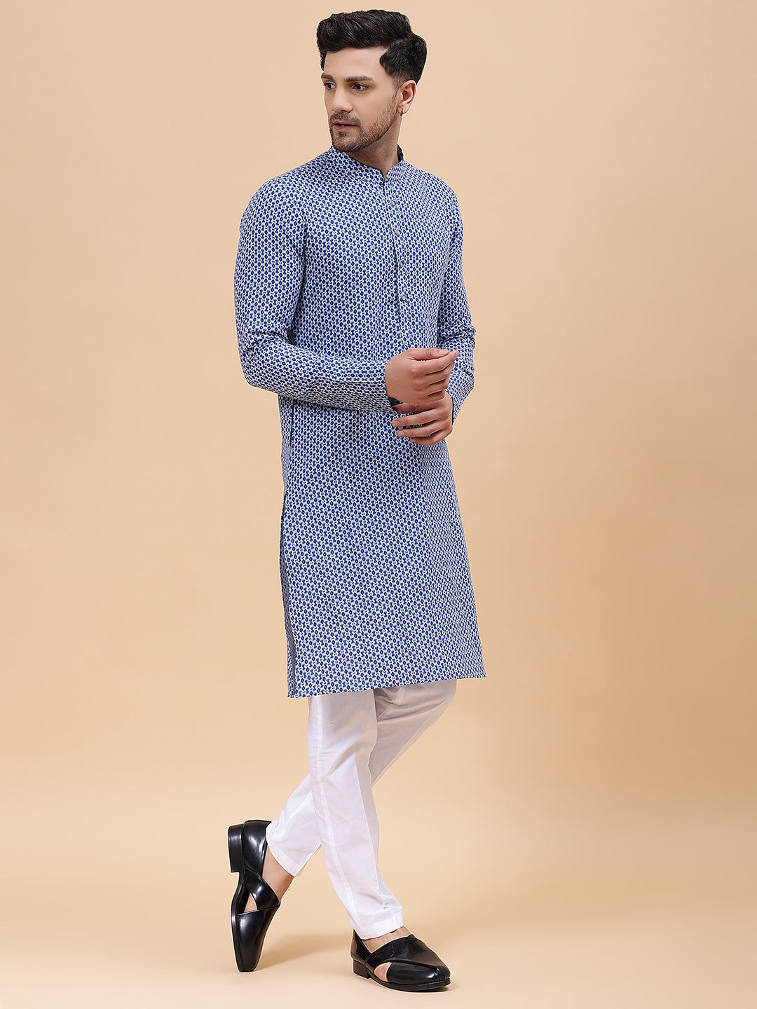 Men Blue & Grey Pure Cotton Printed Straight Kurta