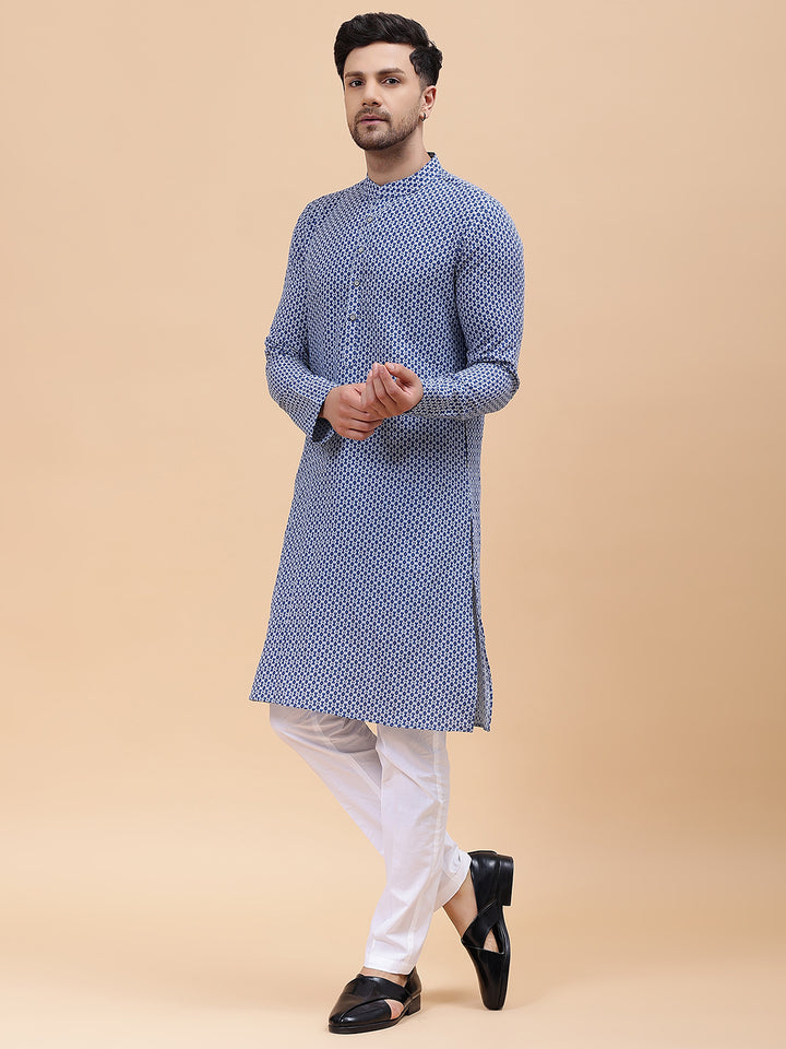 Men Blue & Grey Pure Cotton Printed Straight Kurta
